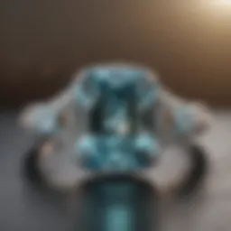 Close-up view of an aquamarine engagement ring showcasing its vibrant color and cut.
