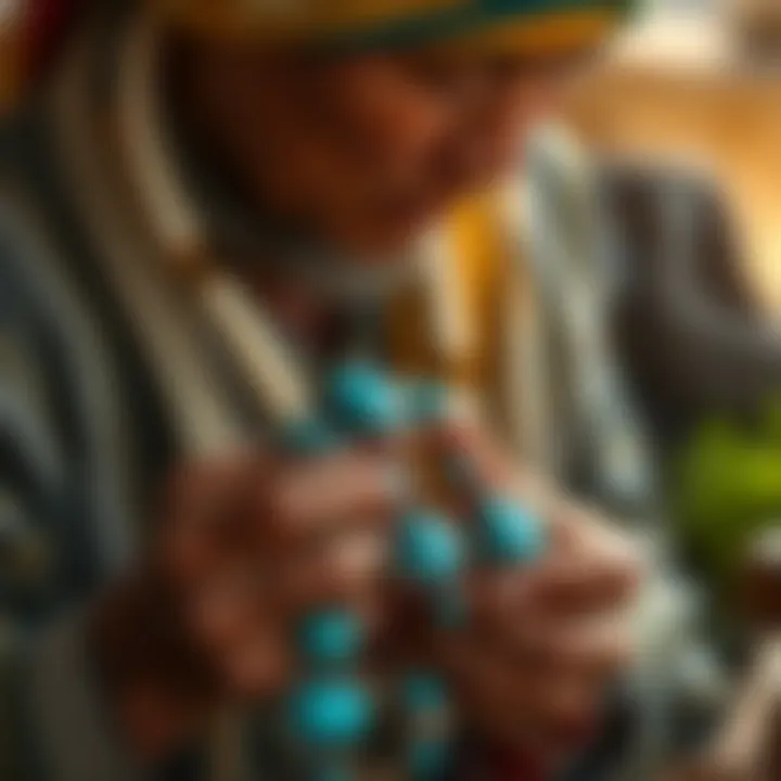 A traditional artisan crafting turquoise jewelry, illustrating the skill and dedication involved in the creation process.