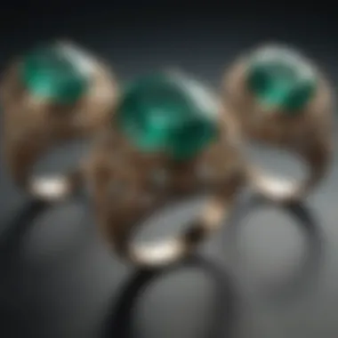 Display of various emerald rings with different origins