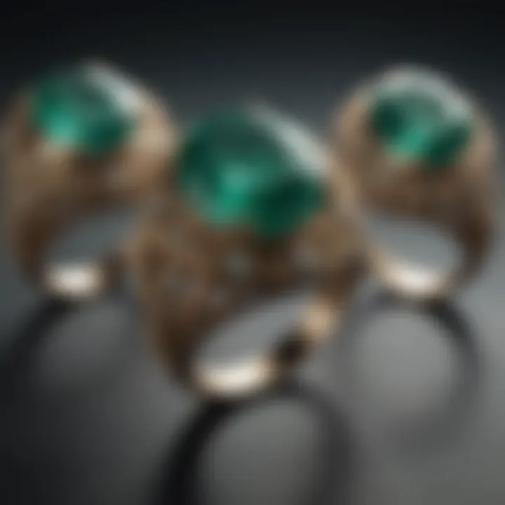 Display of various emerald rings with different origins