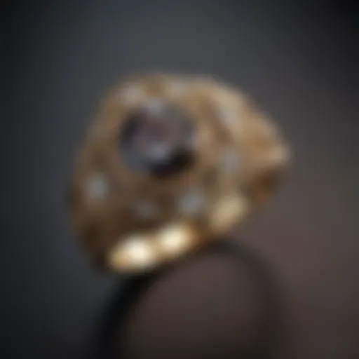 A vintage antique ring displayed elegantly on a dark velvet background.