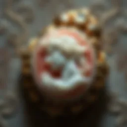 A close-up view of a beautifully carved cameo featuring a classical motif.
