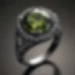 Close-up view of a certified moldavite ring showcasing its unique texture and color.