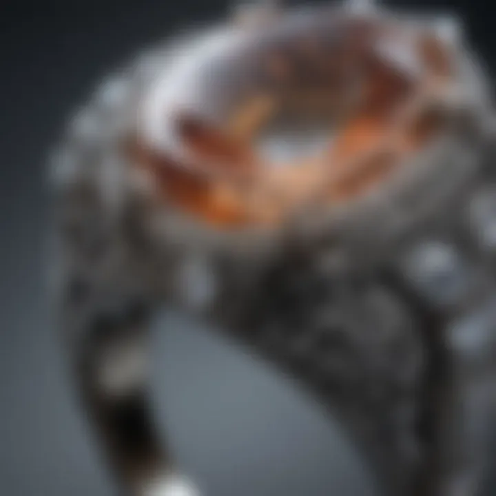 Close-up of a unique crystal engagement ring showcasing intricate settings.