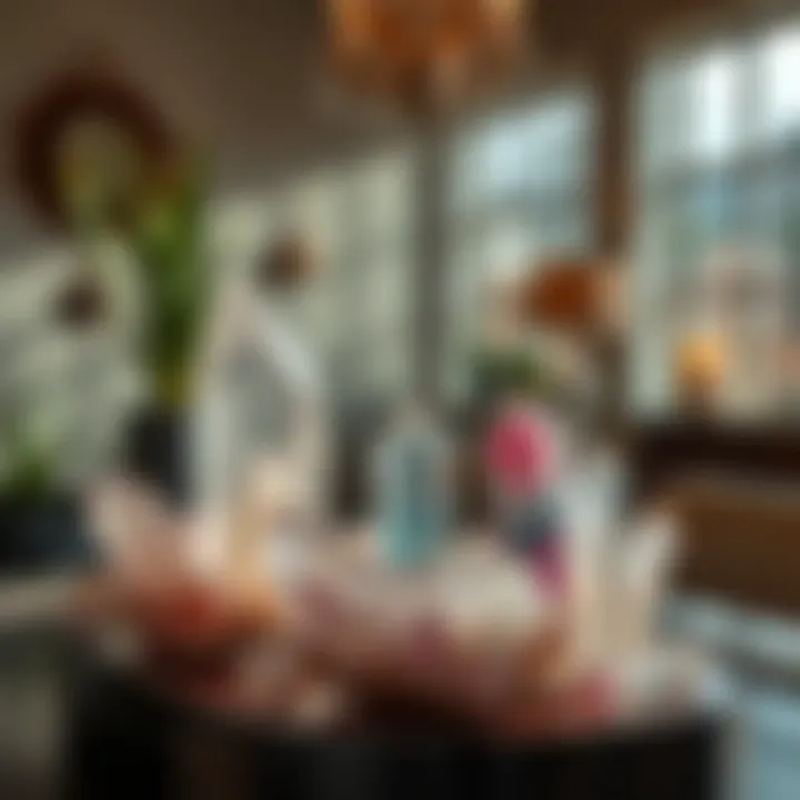 A serene setting with crystals used for decorative purposes, enhancing the ambiance of the space