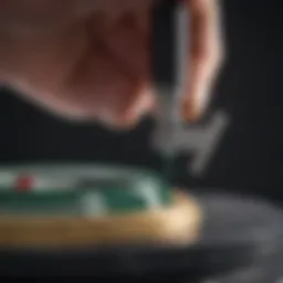 Close-up of a ring placed on a measuring tool.