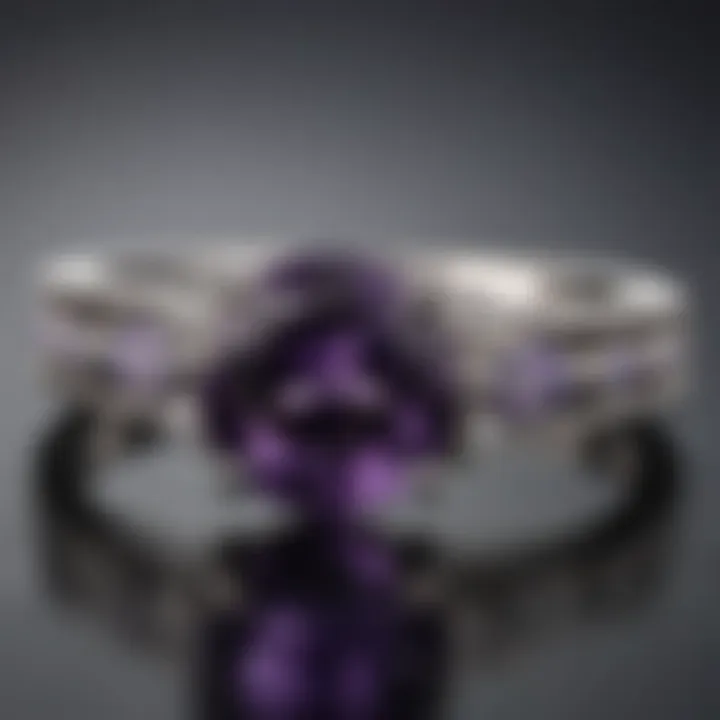 Elegant side view of an amethyst wedding ring on a delicate surface