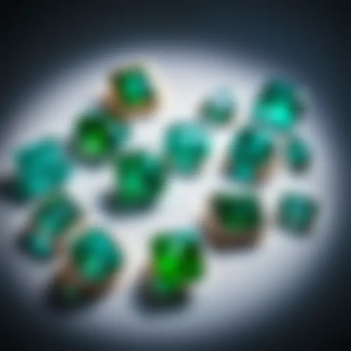 A selection of emerald green sapphires in various cuts and settings