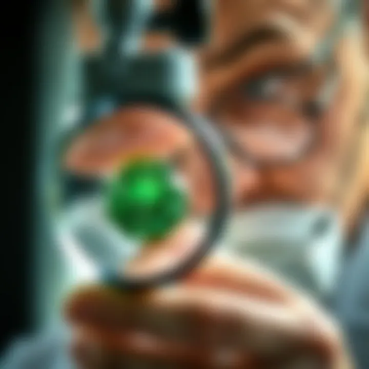 Gemologist examining a green diamond under a magnifying glass