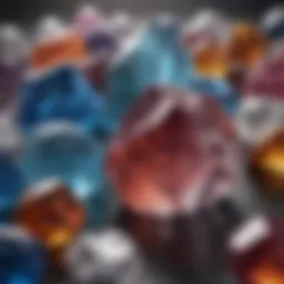 A close-up view of various crystals with distinct colors and textures.