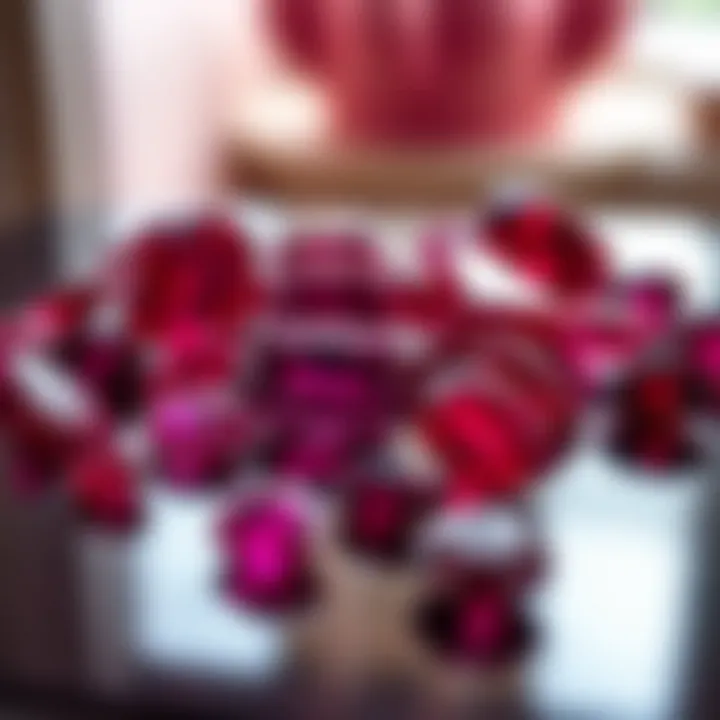 A beautifully arranged display of various cuts and sizes of rubies.