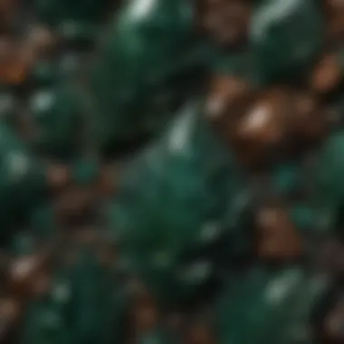 A close-up view of a dark green crystal showcasing its intricate patterns and textures