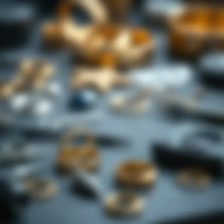 A display of gold ring tools and materials essential for jewelry making