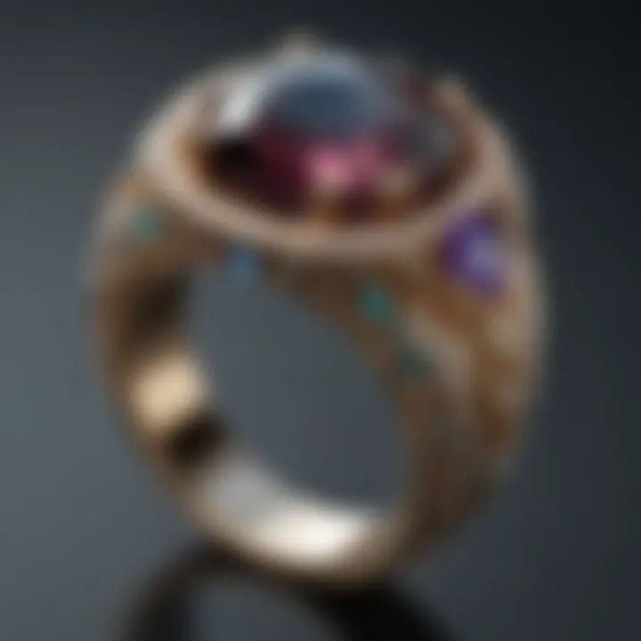A close-up of a gemstone set in a unique, contemporary ring