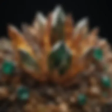 A collection of dark green and brown crystals displayed in a jewelry setting, illustrating their use in adornments