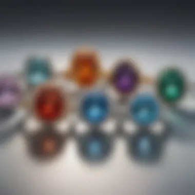 A collection of March and September birthstone rings displayed artistically