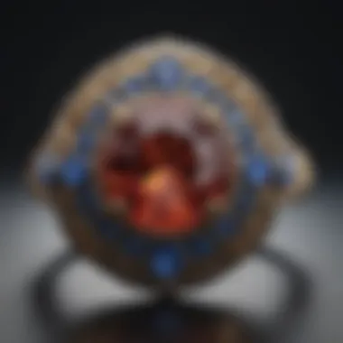 Close-up of a birthstone ring with intricate design