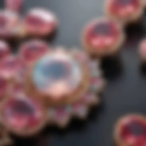 Close-up view of opal and pink tourmaline gemstones reflecting light