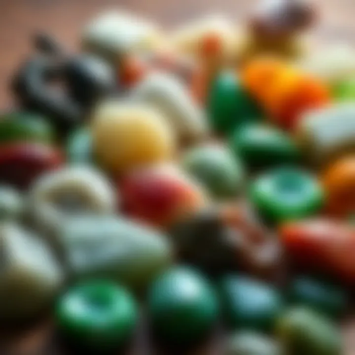 An array of different jade types, displaying their unique colors and forms