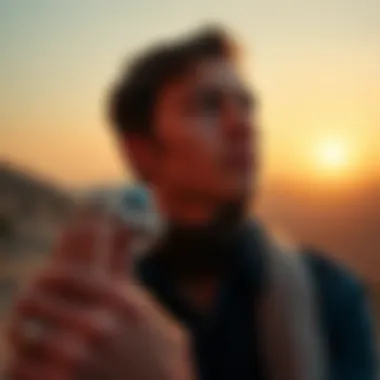 A person admiring a blue Nile diamond bracelet in a thoughtful setting