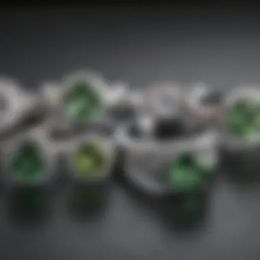 Elegant display of different styles of white gold green sapphire rings