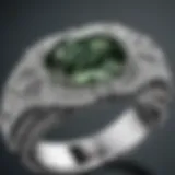 Close-up of a white gold green sapphire ring showcasing intricate craftsmanship