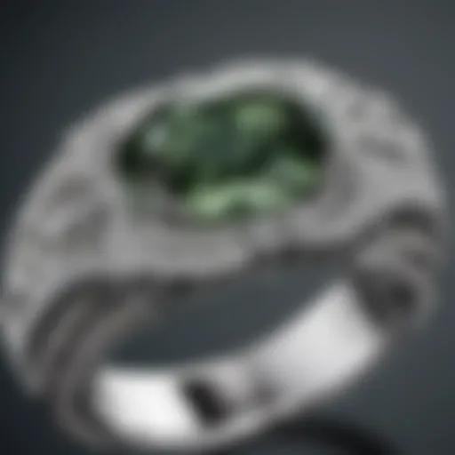 Close-up of a white gold green sapphire ring showcasing intricate craftsmanship