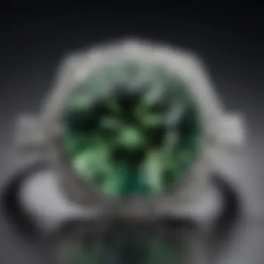 Artistic shot highlighting the vibrant color of green sapphire set in white gold