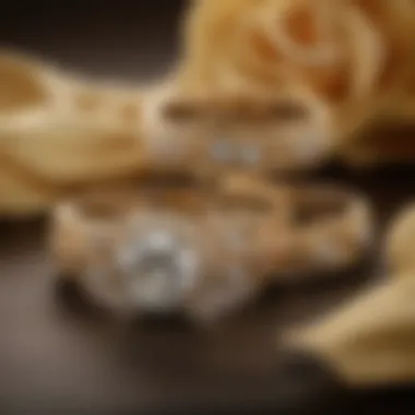 Stunning Display of 10 Karat Gold Wedding Set Elegant 10 karat gold wedding set displayed on a satin background