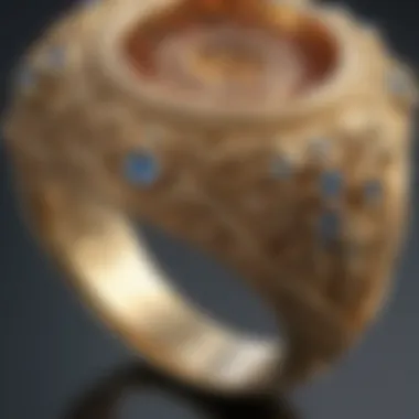 Close-up of intricate design features of a 10 karat gold ring