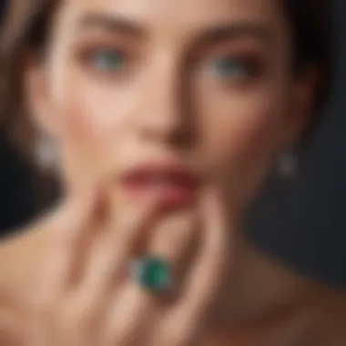 Artistic shot of a woman admiring an emerald cut rectangle engagement ring