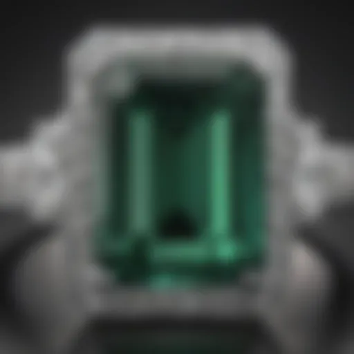 Close-up view of an emerald cut rectangle engagement ring highlighting its facets