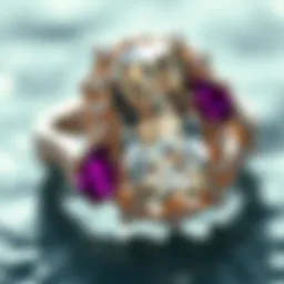 A close-up view of the intricate design of an enchanted ring showcasing unique gemstone settings.