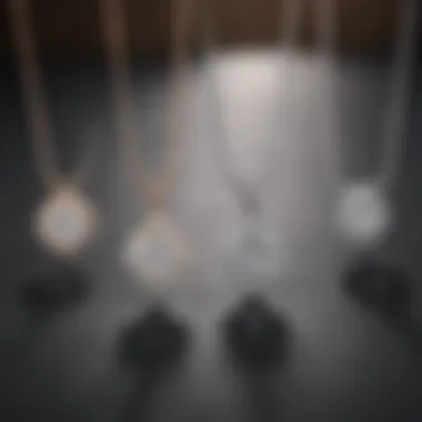 Diverse Settings of Diamond Solitaire Necklaces An elegant display of various diamond solitaire necklaces showcasing different settings and styles