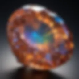 A close-up view of a polished faceted opal displaying its vibrant color play