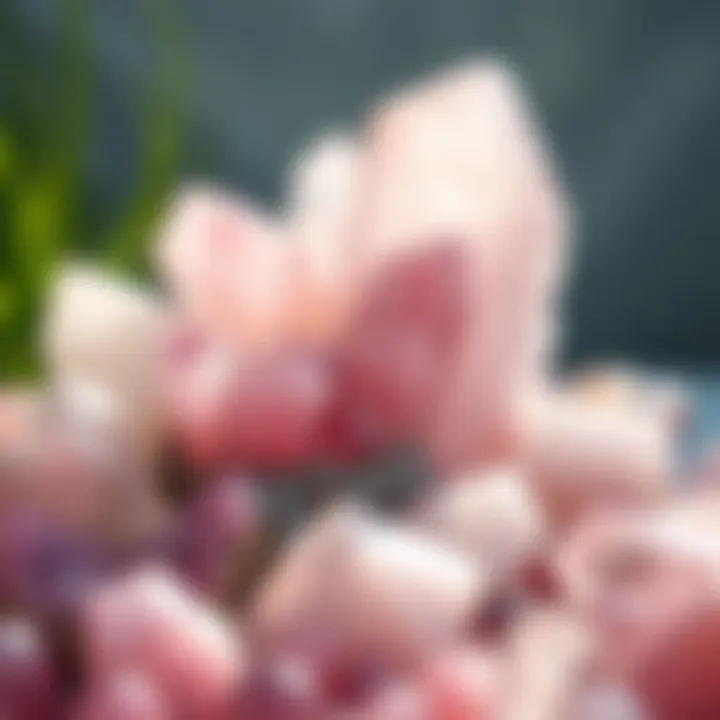 Artistic Display of Rose Quartz Crystals An array of rose quartz crystals arranged artistically to highlight their unique properties