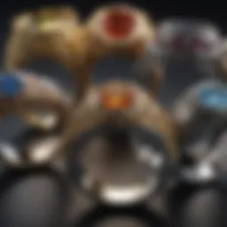 A close-up view of a variety of rings made from different metals showcasing their unique finishes.