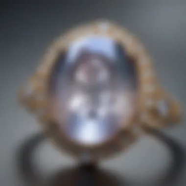 Iridescent Beauty: The Allure of Moonstone in Halo Rings Close-up of a moonstone halo ring highlighting its iridescent glow