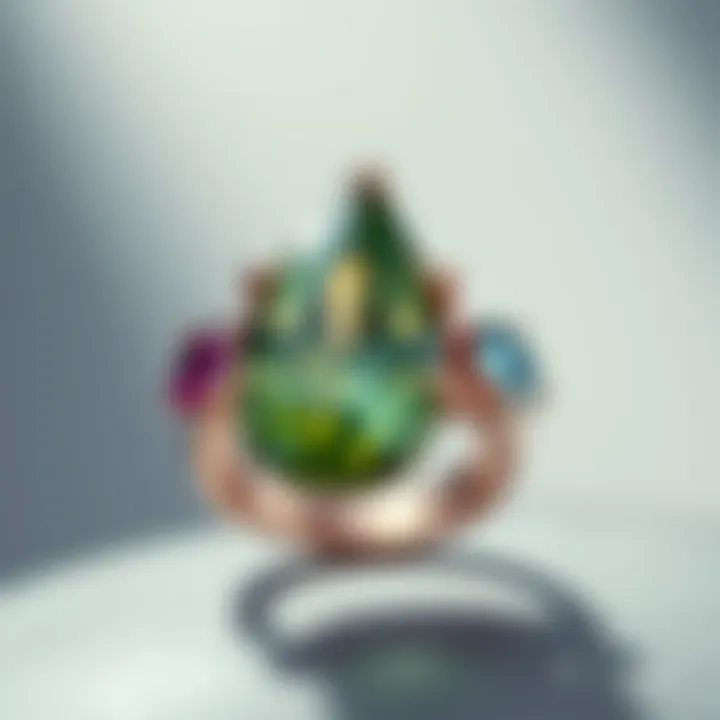 A unique pear-shaped ring adorned with colorful gemstones