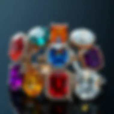 A variety of colorful gemstones used in big engagement rings displayed artistically