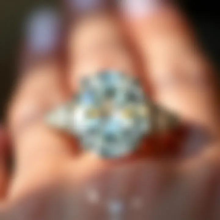 A close-up view of an exquisite large diamond engagement ring, showcasing its brilliance