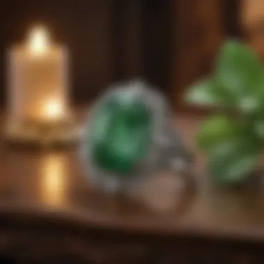 A vintage jade engagement ring set against a historical backdrop, symbolizing its cultural significance.