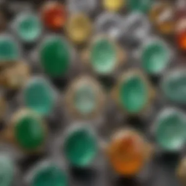 An array of different jade stones used in vintage engagement rings, highlighting their diversity.