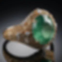 A close-up view of an intricate vintage jade engagement ring showcasing its unique artistry.
