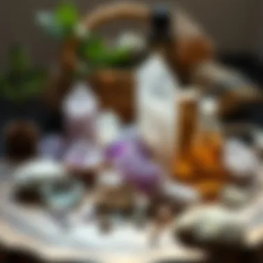 An artistic display of crystals alongside herbs and essential oils, representing holistic practices