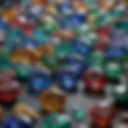 A close-up view of various precious stones including sapphires and emeralds, showcasing their vibrant colors and unique textures.