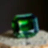 A close-up view of a beautifully cut tsavorite garnet showcasing its vibrant green hues