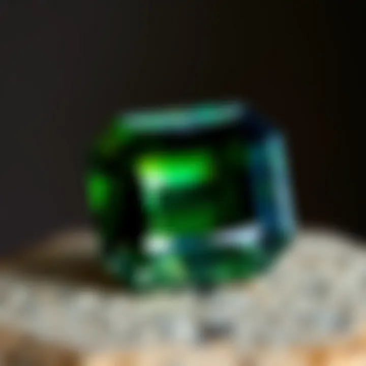 A close-up view of a beautifully cut tsavorite garnet showcasing its vibrant green hues