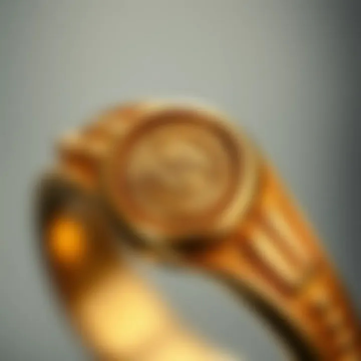 Close-up of a hallmark on a gold ring indicating authenticity and quality