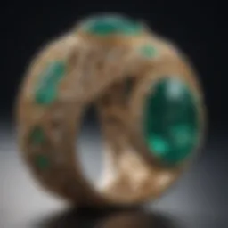 A close-up of a fancy emerald ring showcasing its intricate design and vibrant color